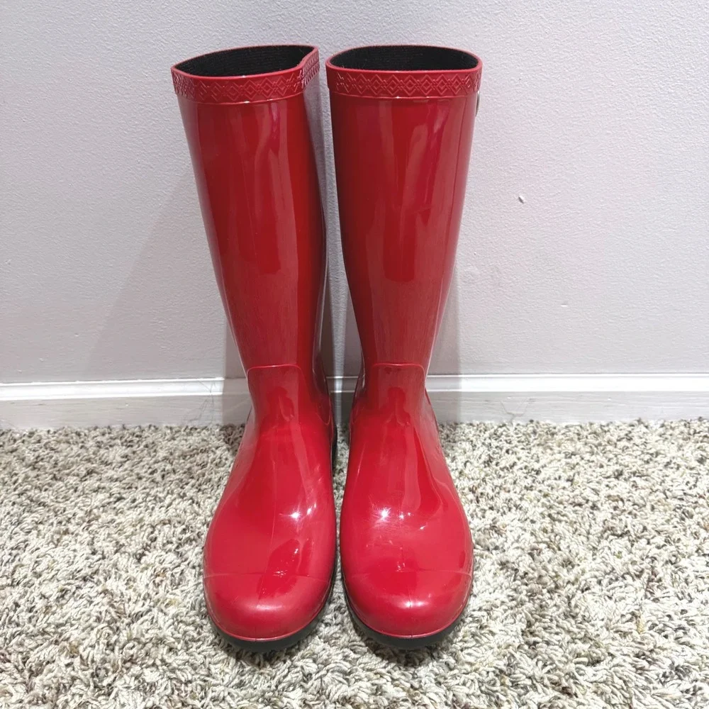 UGG Shaye Red Glossy Tall Waterproof Rain Boots Womens Lug Sole 1012350